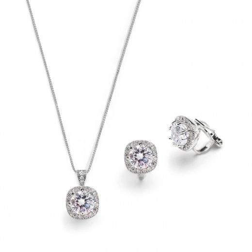 Cushion Cut 10Mm Cz Pendant Necklace And Clip-On Earrings Set