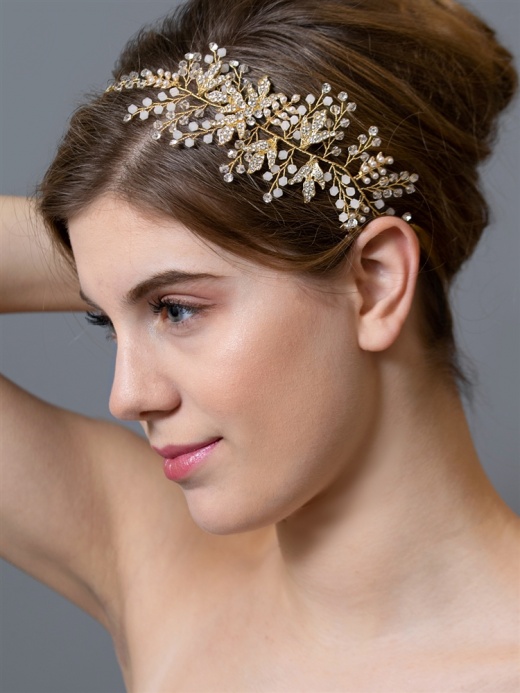 Opal Crystal Side Headband Bridal Hair Vine with Gold Leaves and Ivory Ribbons