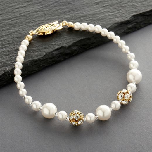 Dainty Wedding Bracelet With Pearls & Rhinestone Fireballs - Ivory