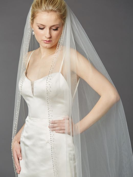 Breathtaking Ivory Cathedral Wedding Veil With Dramatic Crystal, Pearl And Beaded Edging