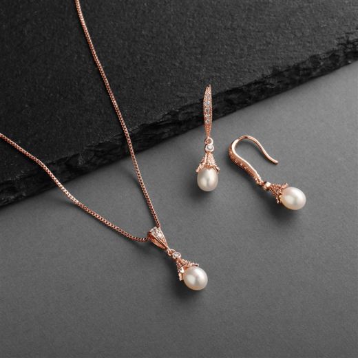 14K Rose Gold Wedding Necklace & Earrings Jewelry Set With