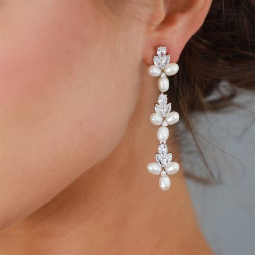 Genuine Freshwater Pearls and Cz Linear Dangle Bridal Earrings In Platinum Plating