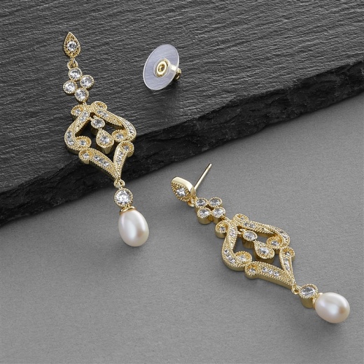 Gold Cz Scroll Earrings With Freshwater Pearl