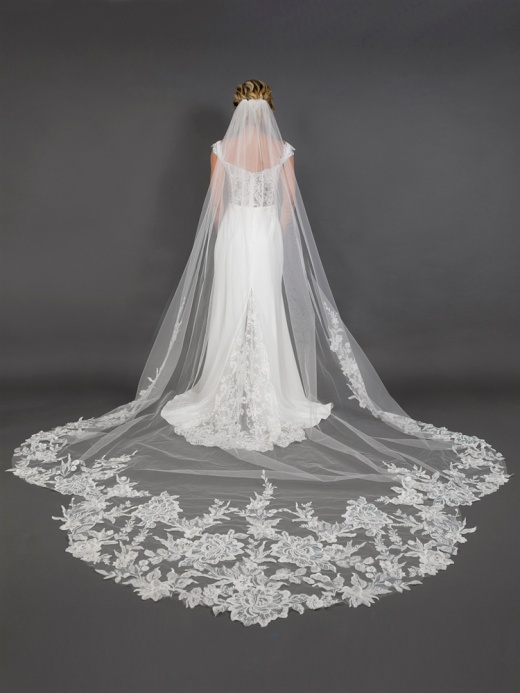 120" Long X 108" Extra Wide Royal Cathedral Bridal Veil With Crystal & Sequin Lace Appliqué