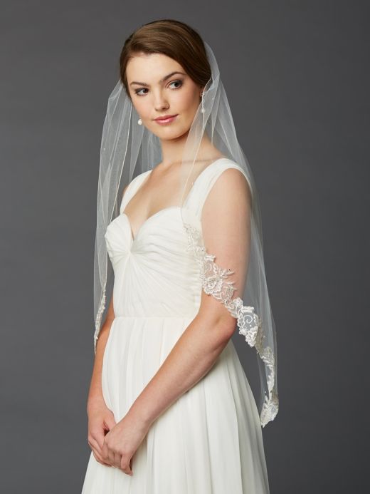 Elegant Fingertip Length Silver Lace Edge Bridal Veil With Austrian Crystal Accents