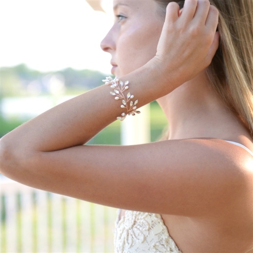 Rose Gold Jeweled Bracelet with Crystal Gems and Freshwater Pearls