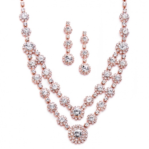 Regal Rose Gold Two Row Rhinestone Necklace & Earrings Set