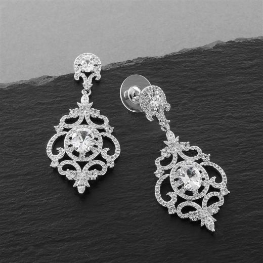 Victorian Scrolls Silver Platinum Plated Cubic Zirconia Wedding Chandelier Earrings