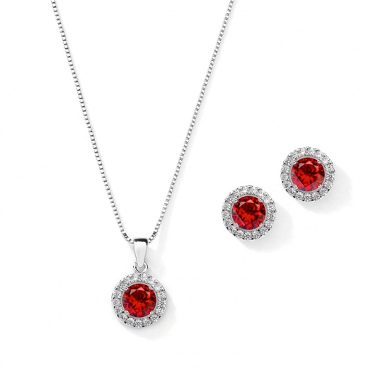 Cubic Zirconia Round Shape Halo Necklace And Stud Earrings Set - Ruby
