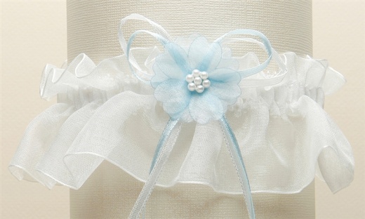 Delicate Organza Bridal Garters with Baby Pearl Cluster and 'Something Blue' Ribbon - Ivory