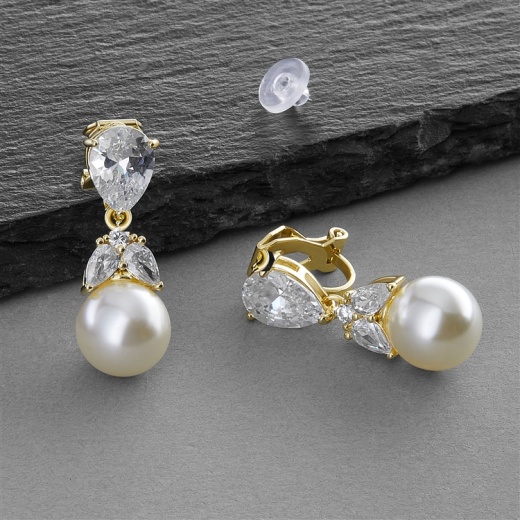 Gold Clip-On Cz Bridal Earrings With Pears And Pearl Drops