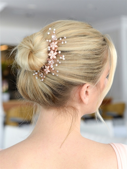 Bridal Hair Comb with Rose Gold Leaves, Freshwater Pearl and Crystal Sprays