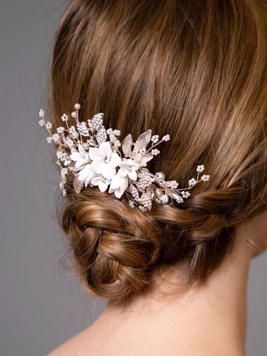 Light Rose Gold Bridal Hair Comb with White Resin Flowers, Crystals & Pearl Sprays
