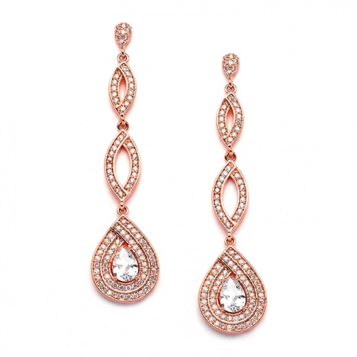 Rose Gold Micro Pave Cubic Zirconia Teardrop Dangle Wedding Earrings