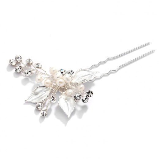 Bridal Hair Pin With Hand-Painted Silver Leaves, Freshwater Pearl And Crystal Sprays