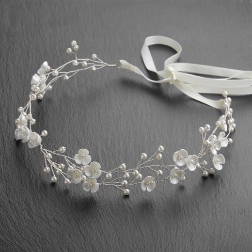 Designer Handmade Bridal Ribbon Headband with Soft Cream Flowers and Pearls