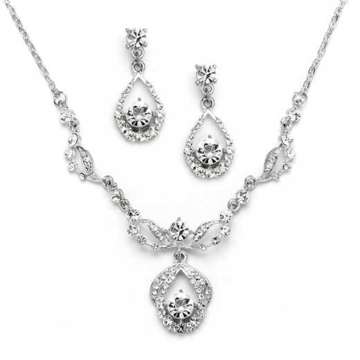 Vintage Crystal Necklace and Earrings Set - Antique Silver Plating
