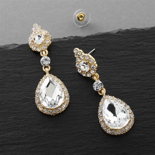 Gold and Crystal Earrings with Teardrop Dangles
