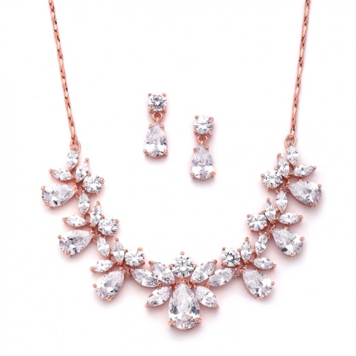 Glistening Cz Rose Gold Necklace & Earrings Set Fabulous For Prom And Bridesmaids