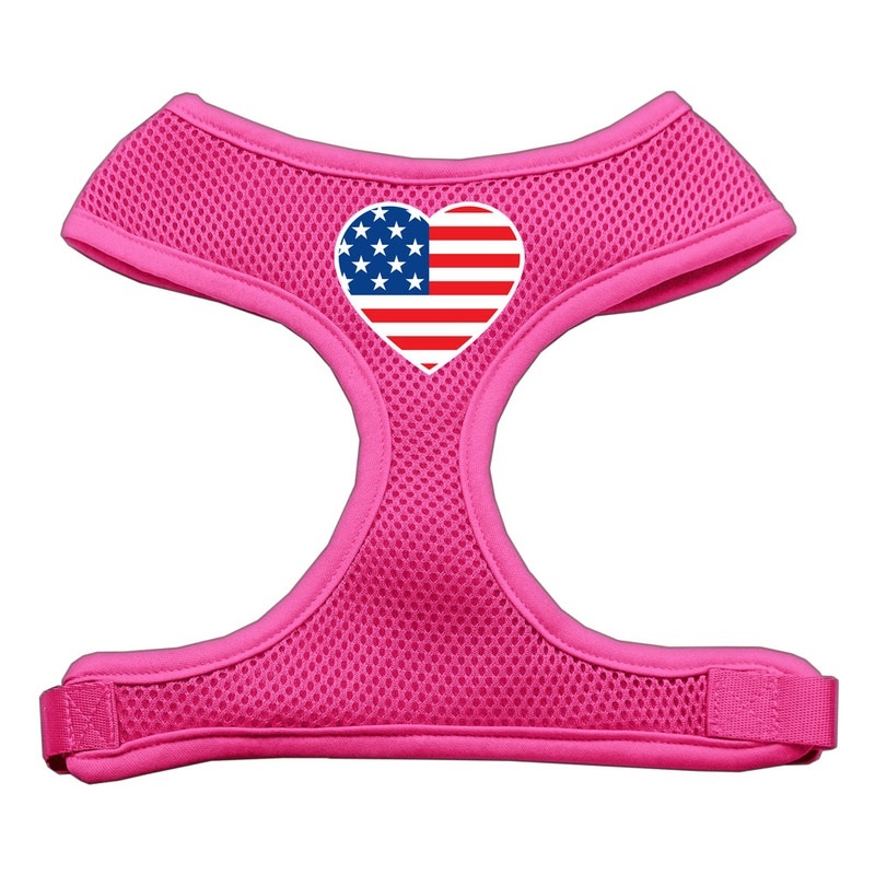 Heart Flag Usa Screen Print Soft Mesh Pet Harness Pink Large