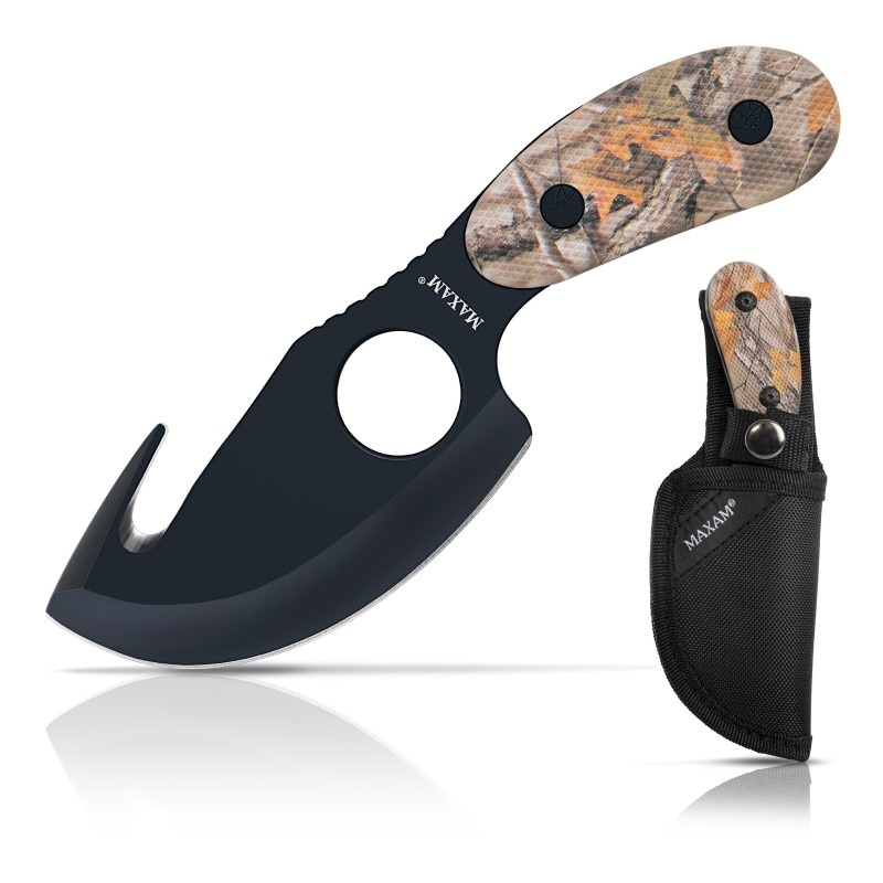 Camouflage Stainless Steel Fixed Blade Skinning Knife With Gut-Hook