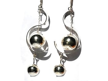 Sterling Silver Double Ball Within S Curve Dangle Earrings