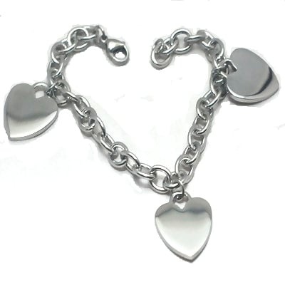 Stainless Steel 8 Inch Chain Bracelet W/ 3 Engravable Heart Charms