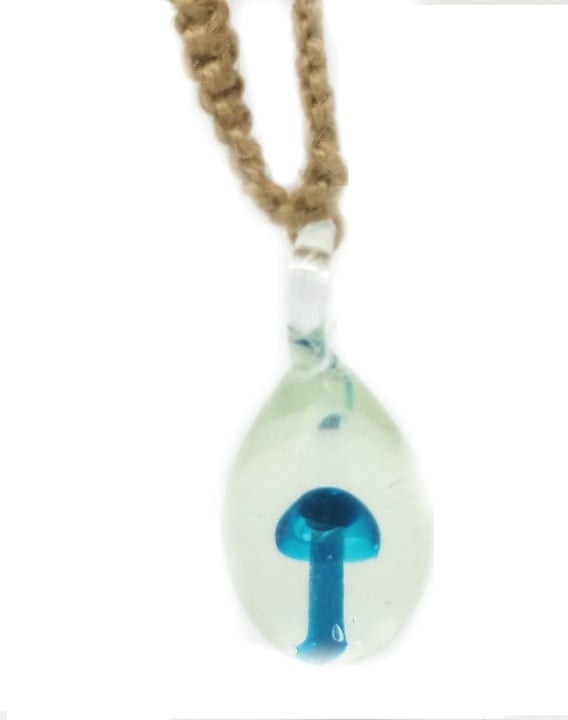 Blue Mushroom In Murano Glass Pendant On Hemp Choker Necklace