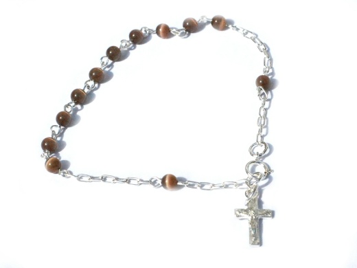 Sterling Silver Rosary Bracelet with Crucifix and Tiger Eyes Beads