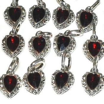 Heart Pendants with Dark Ruby Red Faceted Glass Stone - 12 in a Pack