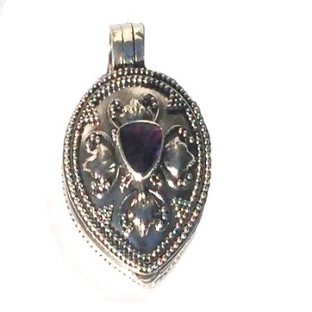 Sterling Silver Bali Teardrop Prayer Box Pendant with Amethyst