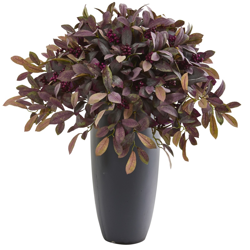 35” Fall Laurel With Berries Artificial Plant In Gray Planter