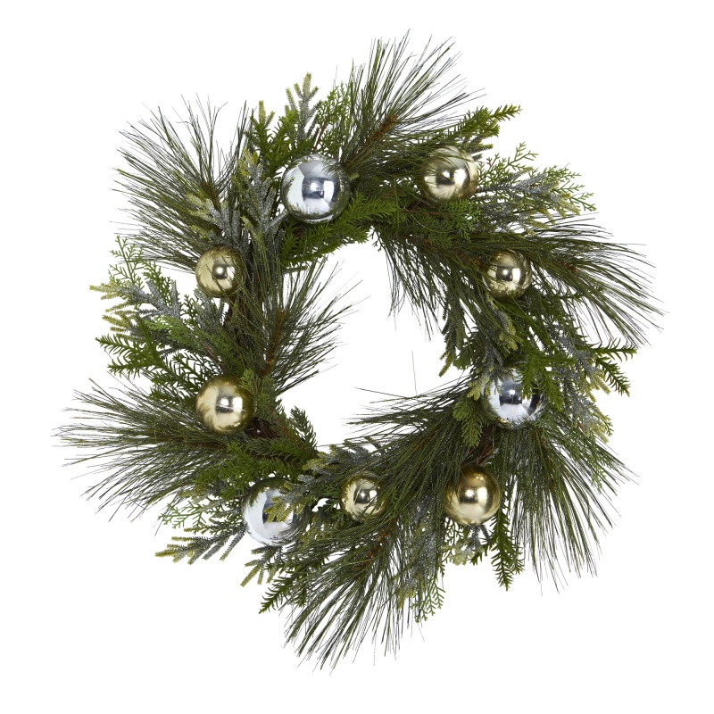 26” Sparkling Pine Artificial Wreath With Decorative Ornaments