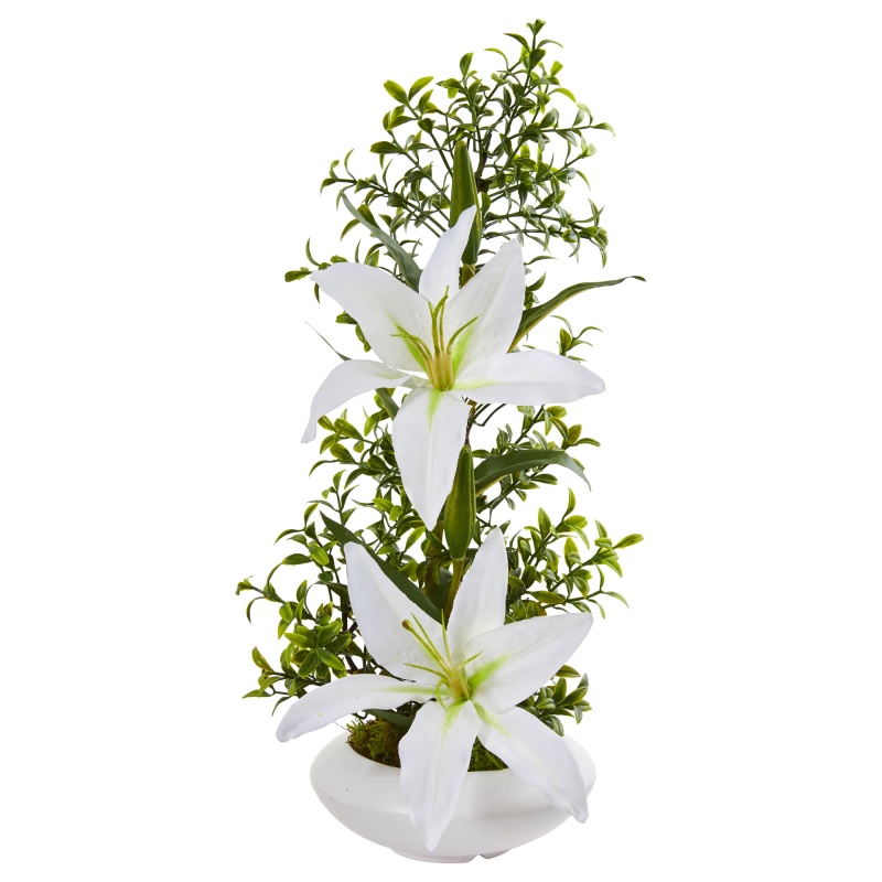 Lily And Boxwood Artificial Arrangement In White Planter