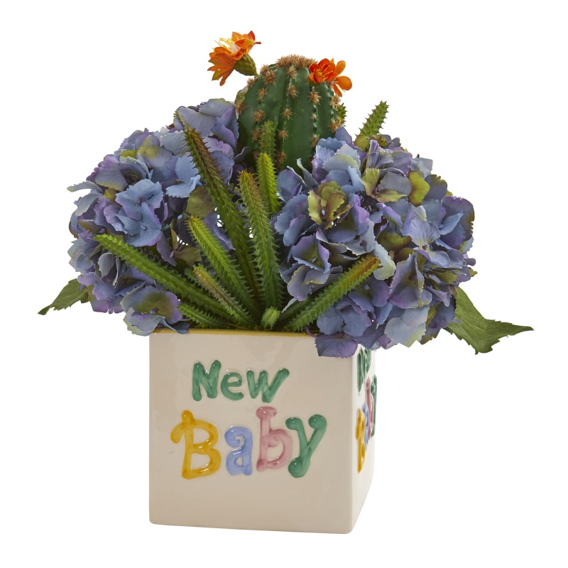 13” Hydrangea And Cactus Artificial Arrangement In “New Baby” Vase
