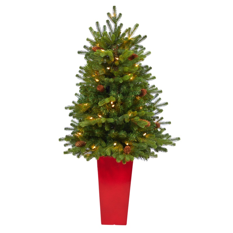 3.5’ Yukon Mountain Fir Artificial Christmas Tree With 50 Clear Lights And Pine Cones In Red Planter