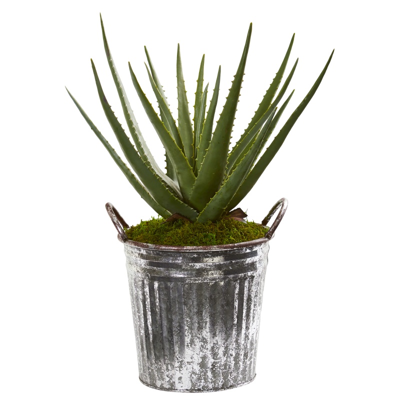 22” Aloe Artificial Plant In Vintage Metal Pail