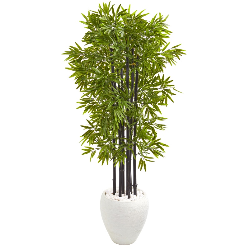 5’ Bamboo Artificial Tree With Black Trunks In White Planter