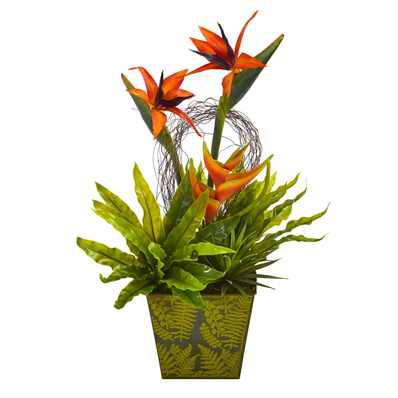 20" Tropical And Succulent Artificial Arrangement In Green Vase