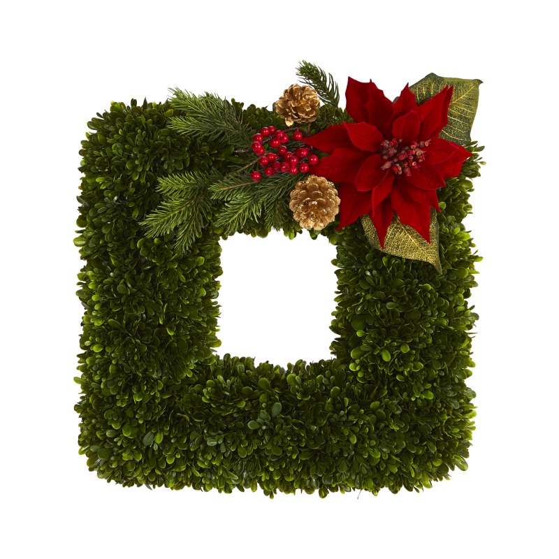 16” Tea Leaf And Poinsettia Artificial Square Wreath