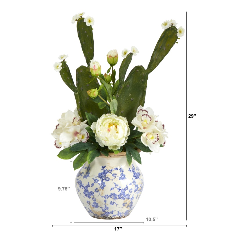 29” Cymbidium Orchid, Peony And Cactus Succulent Artificial Arrangement In Vintage Floral Vase