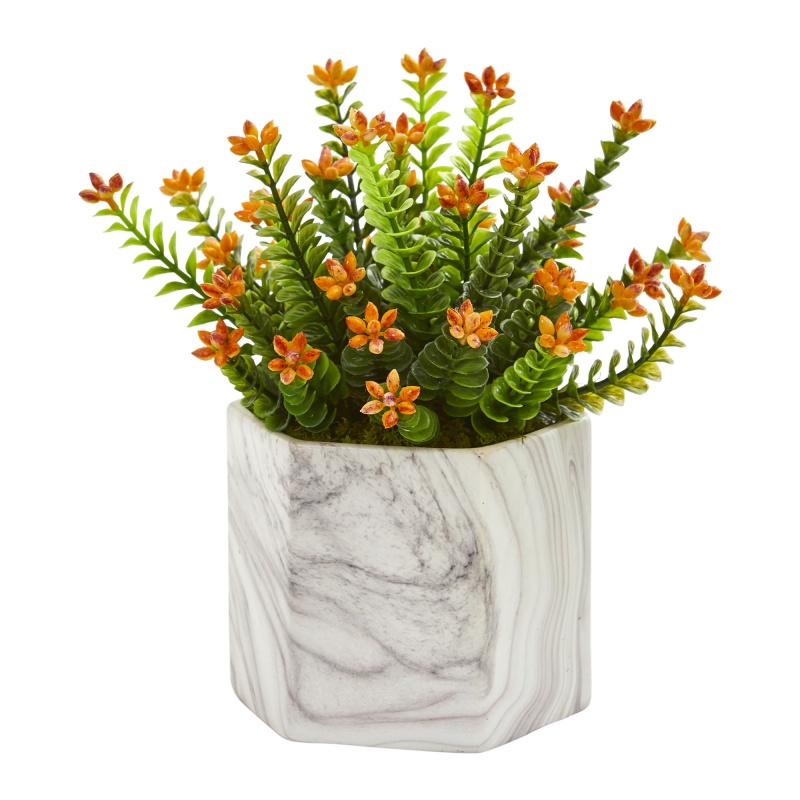 Flowering Sedum Artificial Plant In Marble Vase