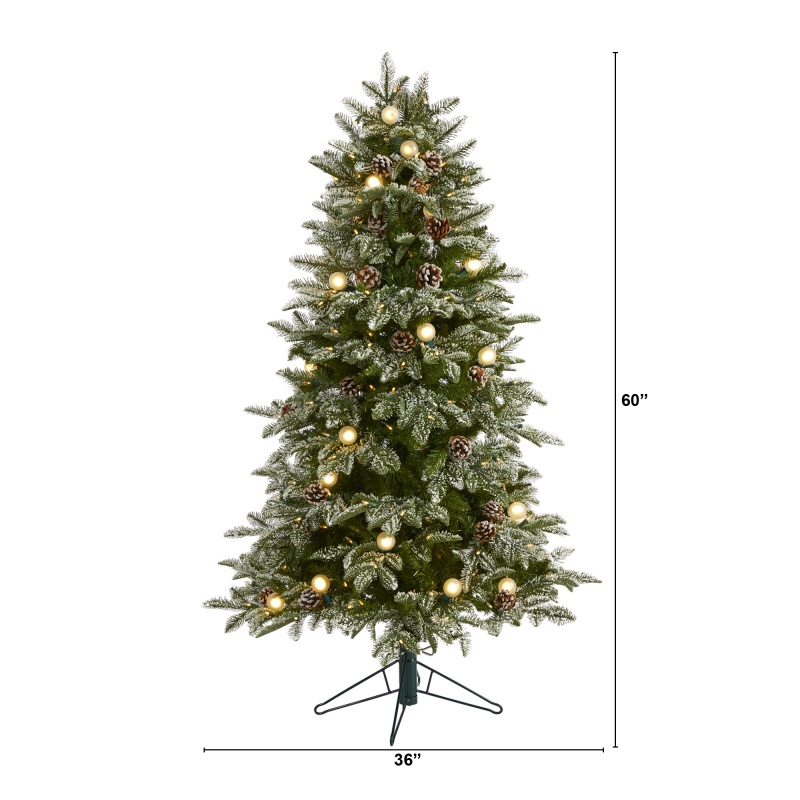 5' Flocked Whistler Mountain Fir Artificial Christmas Tree With 250 Warm White Led Lights With Instant Connect Technology, 28 Globe Bulbs, Pine Cones And 480 Bendable Branches