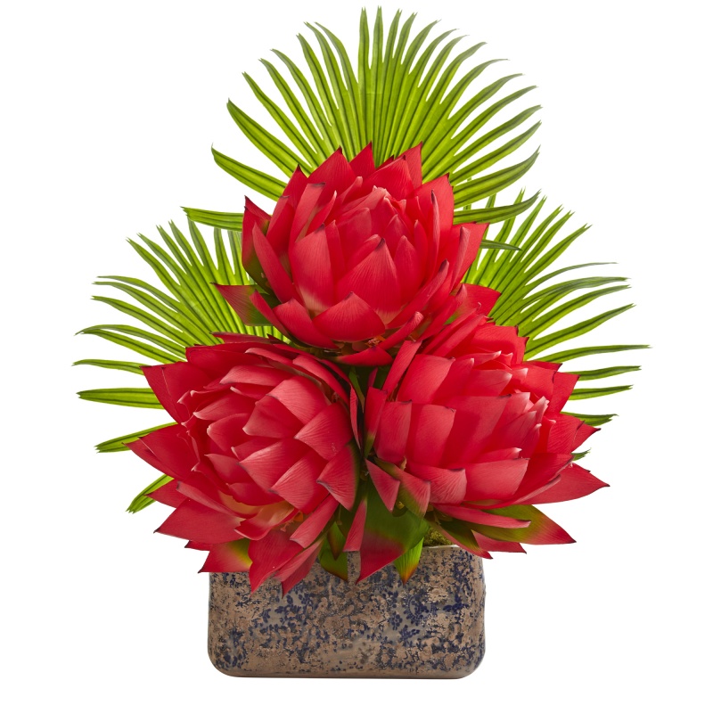 25” Musella And Fan Palm Artificial Arrangement In Vintage Vase