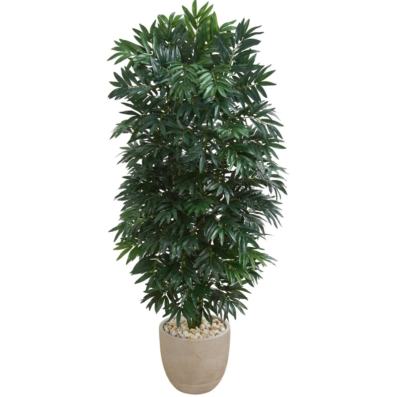 5’ Double Bamboo Palm Artificial Plant In Sandstone Planter