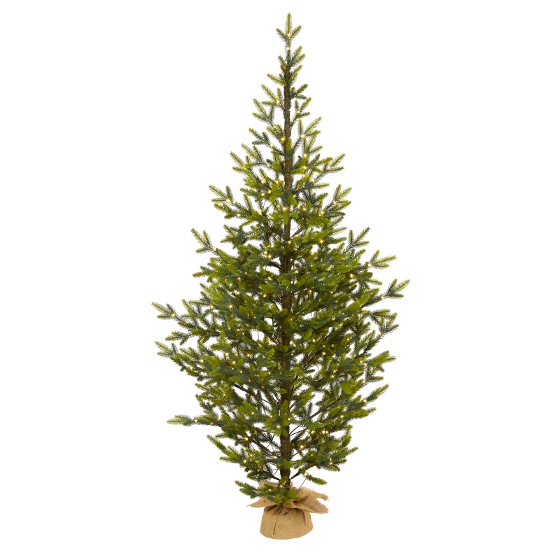 6’ Fraser Fir “Natural Look” Artificial Christmas Tree With 250 Clear Led Lights, A Burlap Base And 1243 Bendable Branches