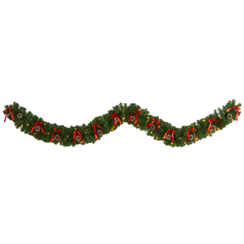 9’ Bow And Pinecone Artificial Christmas Garland With 35 Clear Led Lights