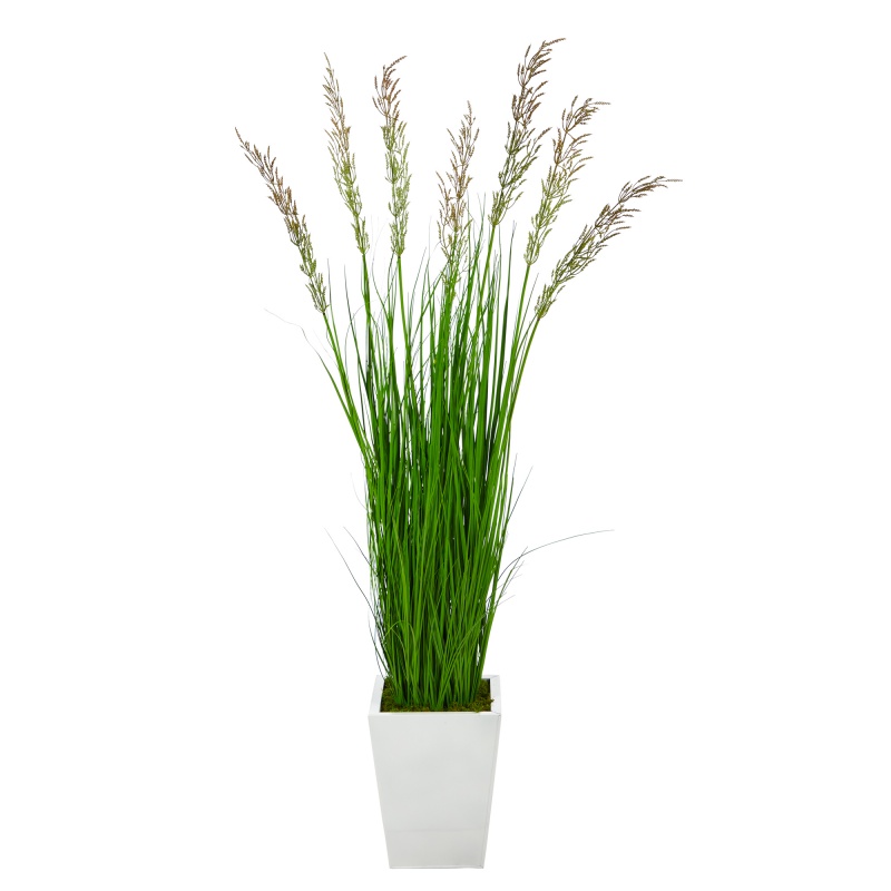 64” Wheat Grass Artificial Plant In White Metal Planter