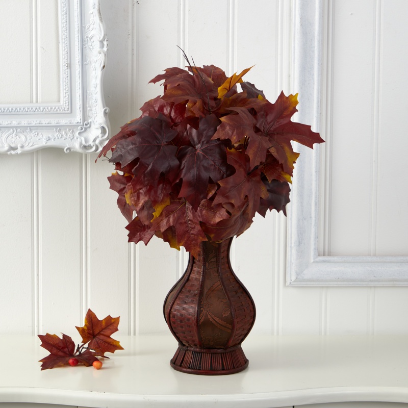 24” Autumn Maple Leaf Artificial Plant In Decorative Planter