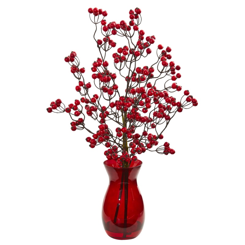 Red Berry Artificial Arrangement In Ruby Vase